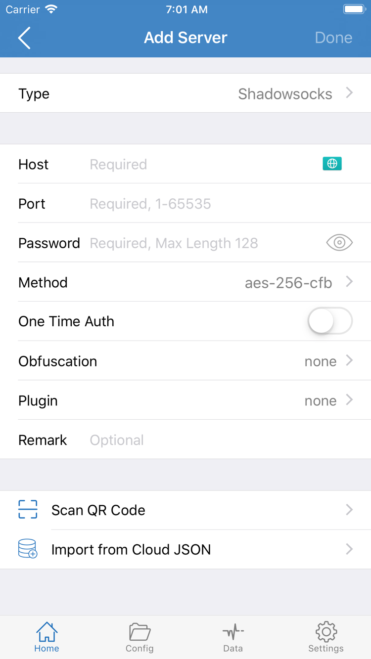 Shadowrocket의 Add Server 화면에 표시된 Type, Host, Port, Password, Method와 Scan QR Code 및 Import from Cloud JSON 메뉴