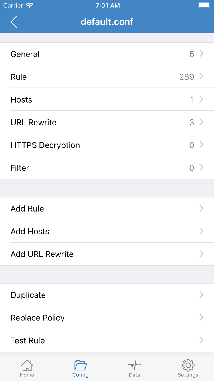 Shadowrocket의 Config 구성 편집 화면에 표시된 General, Rule, Hosts, URL Rewrite, HTTPS Decryption 섹션과 Add Rule