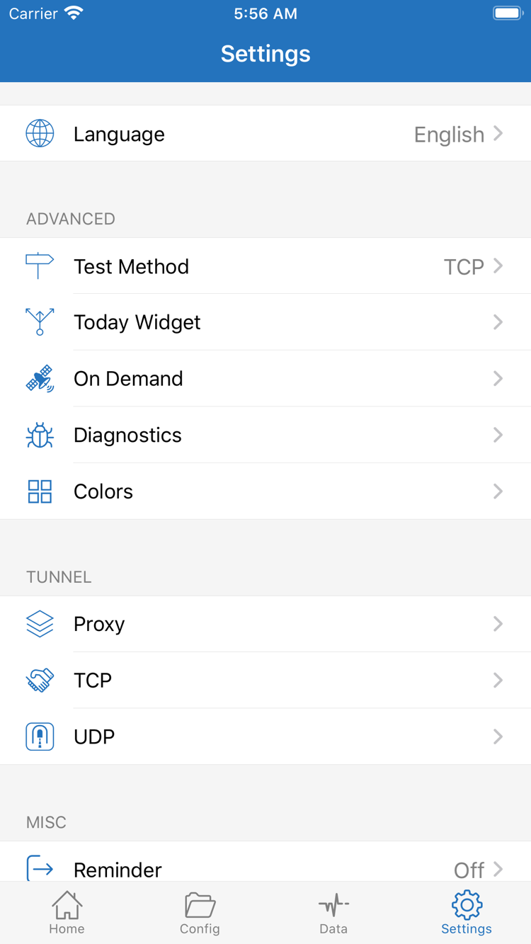 Shadowrocket의 Settings 화면에 표시된 Language, Test Method, Today Widget, On Demand, Diagnostics, Proxy, TCP, UDP 설정 메뉴